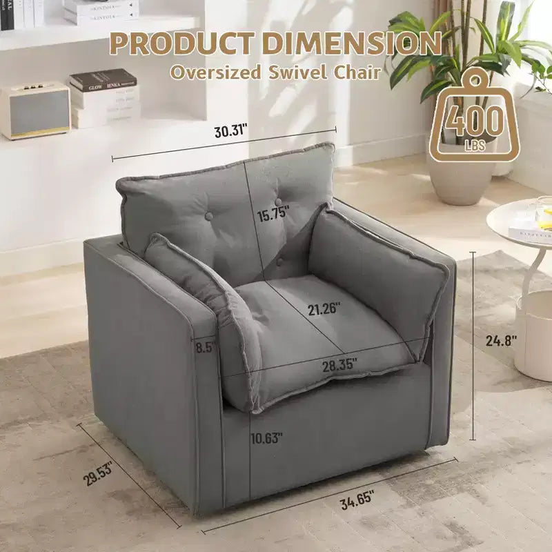 Fauteuil pivotant à 360° avec coussin épais et rembourré, fauteuil de lecture moderne et rembourré, tissu de lin confortable de style classique, pour le salon et la chambre à coucher