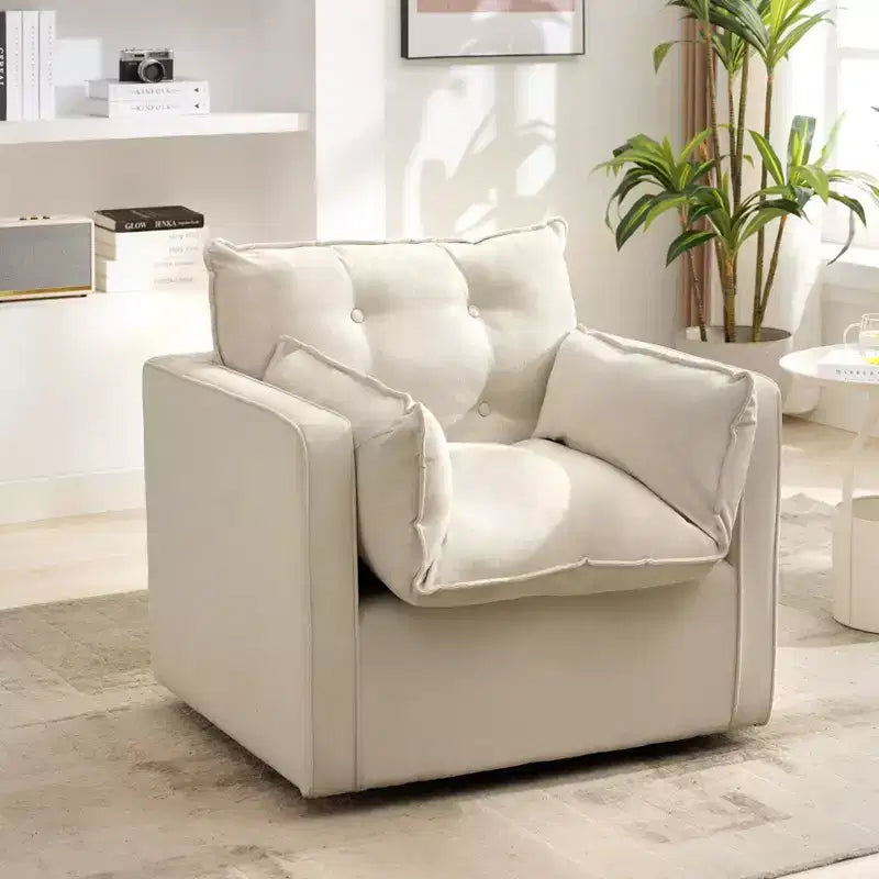 360-Degree Swivel Chair with Thick Padded Cushion, Modern Upholstered Reading Chair, Comfy Classic Style Linen Fabric, for Living Room and Bedroom