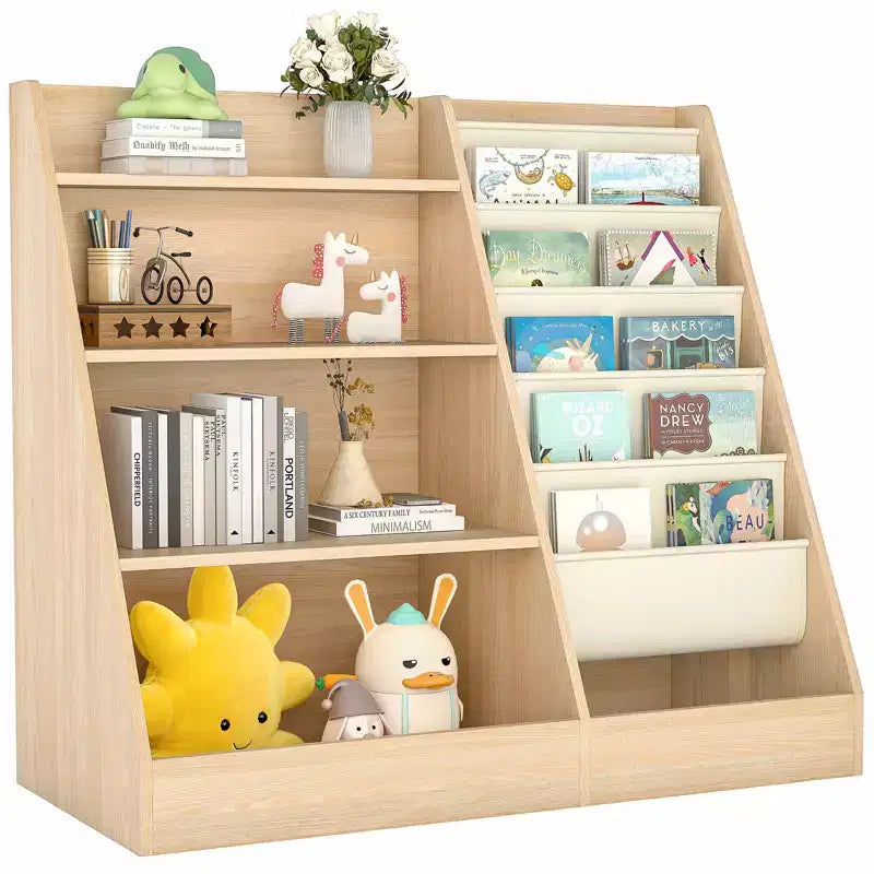 Kids Bookshelf with 5-Tier Sling Pockets and Toy Storage Wooden Book Display Organizer with Fenced Bottom Compartment White 31.5 Inch