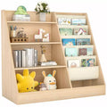 Kids Bookshelf with 5-Tier Sling Pockets and Toy Storage Wooden Book Display Organizer with Fenced Bottom Compartment White 31.5 Inch