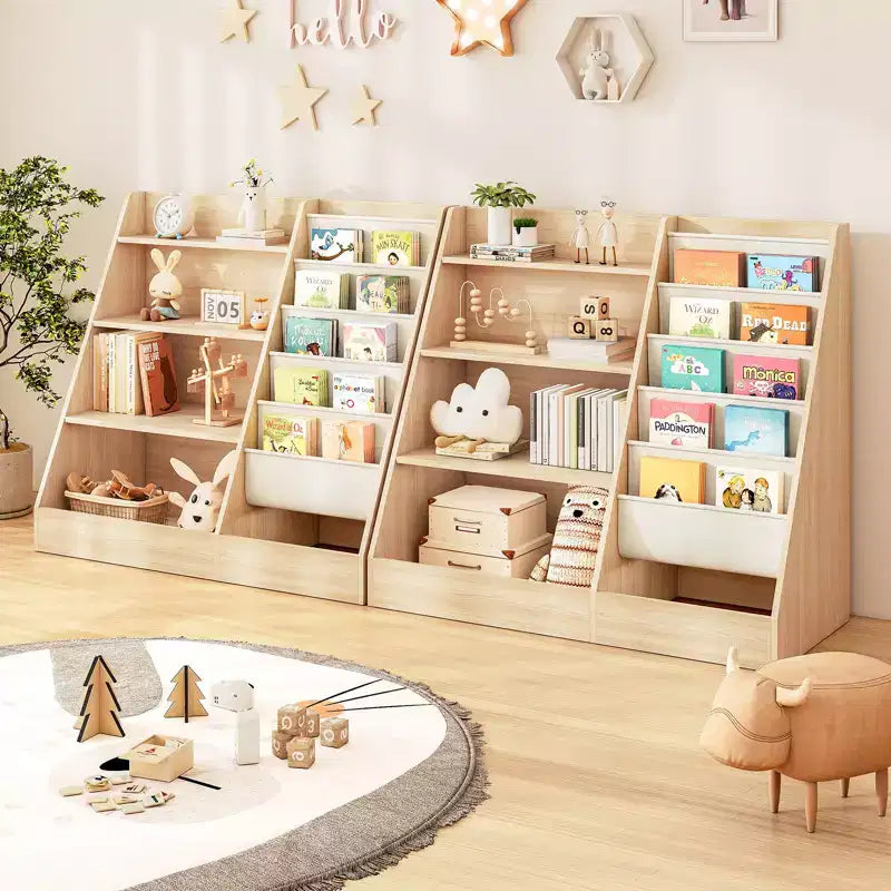 Étagère à Livres pour Enfants avec 5 Poches en Tissu et Rangement de Jouets, Organisateur en Bois avec Compartiment Inférieur Clôturé, Blanc, 80 cm