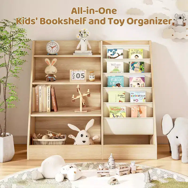 Étagère à Livres pour Enfants avec 5 Poches en Tissu et Rangement de Jouets, Organisateur en Bois avec Compartiment Inférieur Clôturé, Blanc, 80 cm