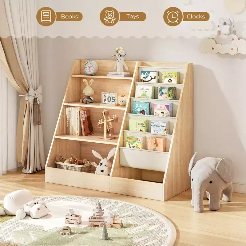 Étagère à Livres pour Enfants avec 5 Poches en Tissu et Rangement de Jouets, Organisateur en Bois avec Compartiment Inférieur Clôturé, Blanc, 80 cm