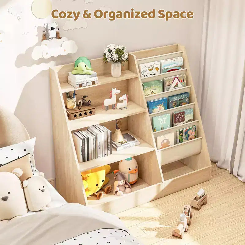 Étagère à Livres pour Enfants avec 5 Poches en Tissu et Rangement de Jouets, Organisateur en Bois avec Compartiment Inférieur Clôturé, Blanc, 80 cm