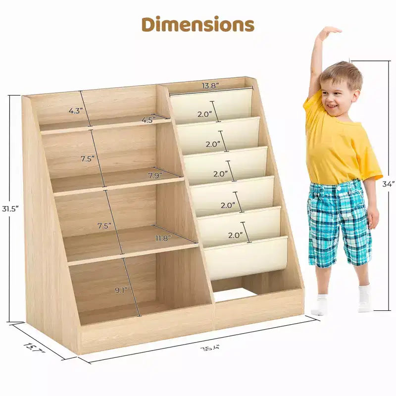 Étagère à Livres pour Enfants avec 5 Poches en Tissu et Rangement de Jouets, Organisateur en Bois avec Compartiment Inférieur Clôturé, Blanc, 80 cm
