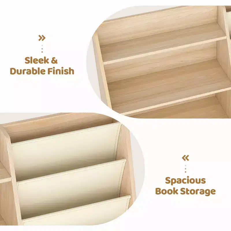 Étagère à Livres pour Enfants avec 5 Poches en Tissu et Rangement de Jouets, Organisateur en Bois avec Compartiment Inférieur Clôturé, Blanc, 80 cm