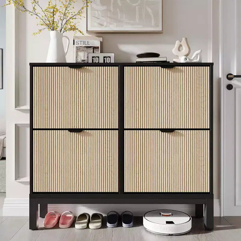 Shoe Storage Cabinet with 4 Flip Drawers, Slim Fluted Shoe Organizer, Narrow Hidden Shoe Rack