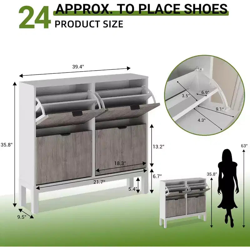 Meuble à chaussures avec 4 tiroirs basculants, Organisateur de chaussures mince cannelé, Porte-chaussures étroit dissimulé