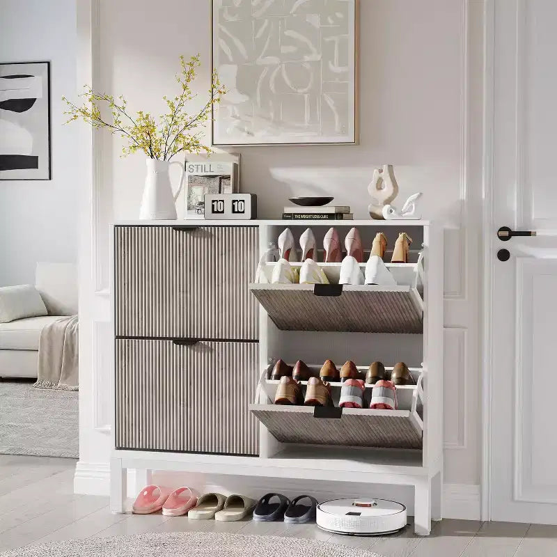 Meuble à chaussures avec 4 tiroirs basculants, Organisateur de chaussures mince cannelé, Porte-chaussures étroit dissimulé