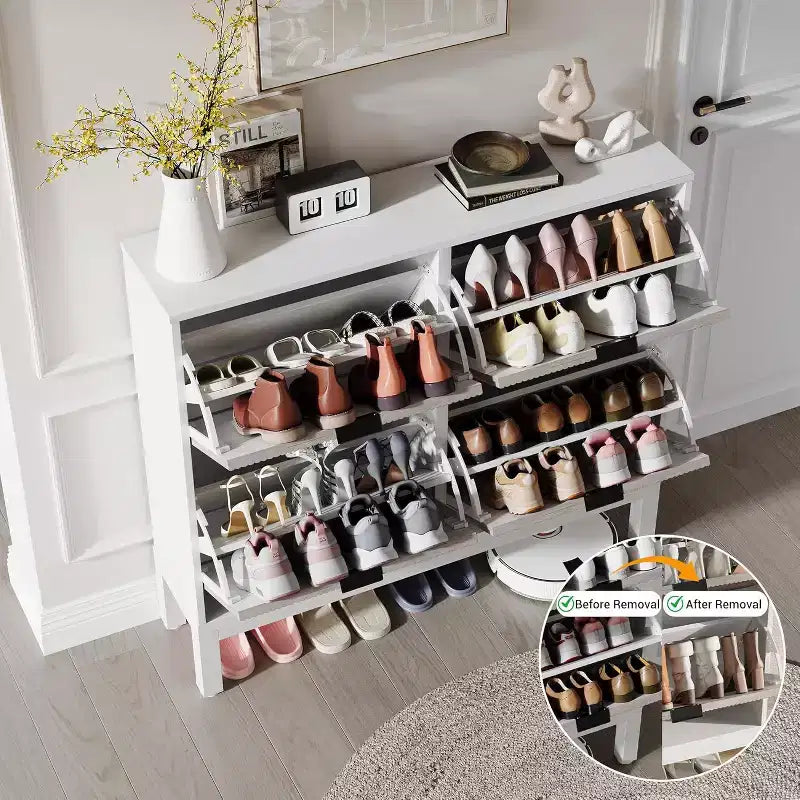 Meuble à chaussures avec 4 tiroirs basculants, Organisateur de chaussures mince cannelé, Porte-chaussures étroit dissimulé