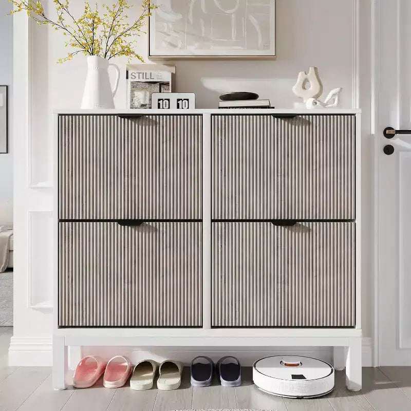 Meuble à chaussures avec 4 tiroirs basculants, Organisateur de chaussures mince cannelé, Porte-chaussures étroit dissimulé