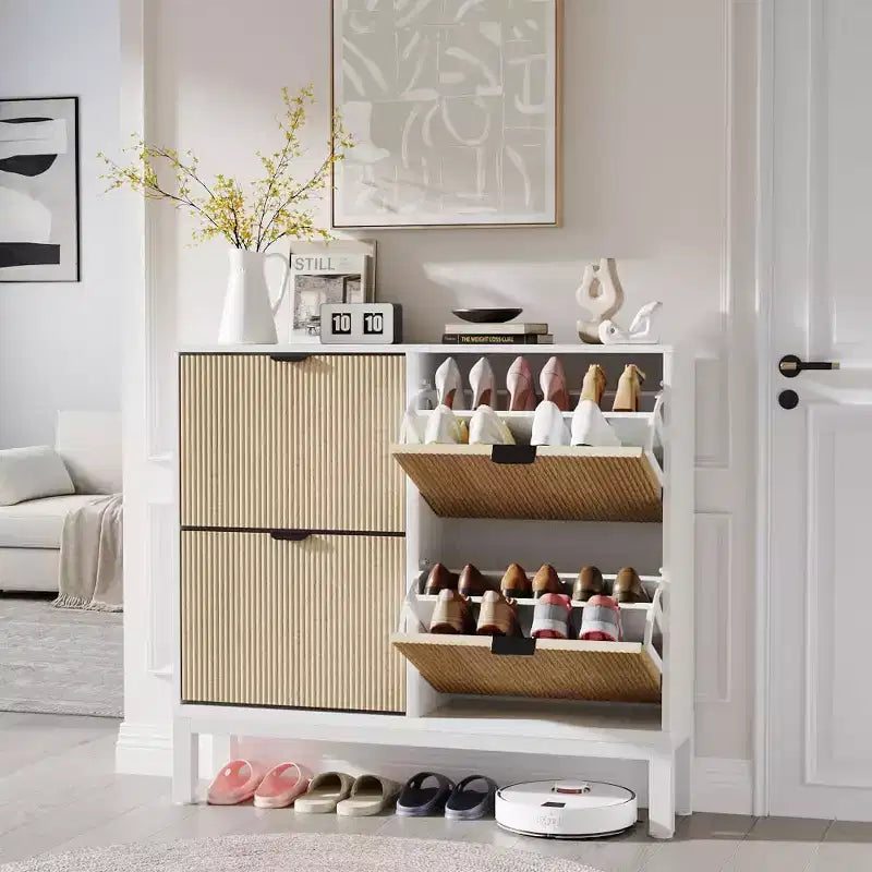 Meuble à chaussures avec 4 tiroirs basculants, Organisateur de chaussures mince cannelé, Porte-chaussures étroit dissimulé