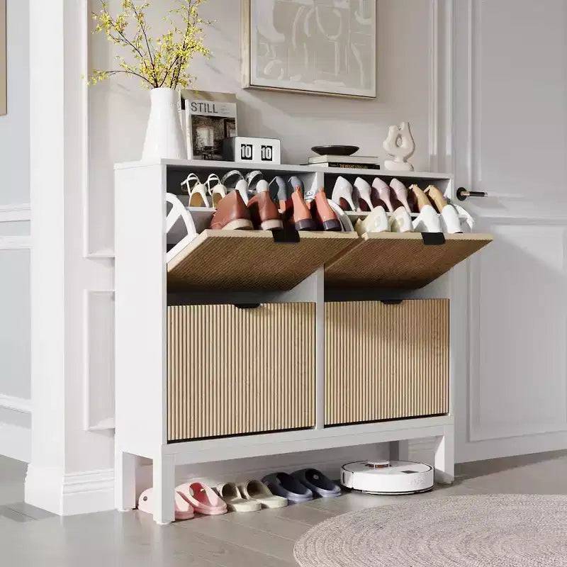 Meuble à chaussures avec 4 tiroirs basculants, Organisateur de chaussures mince cannelé, Porte-chaussures étroit dissimulé