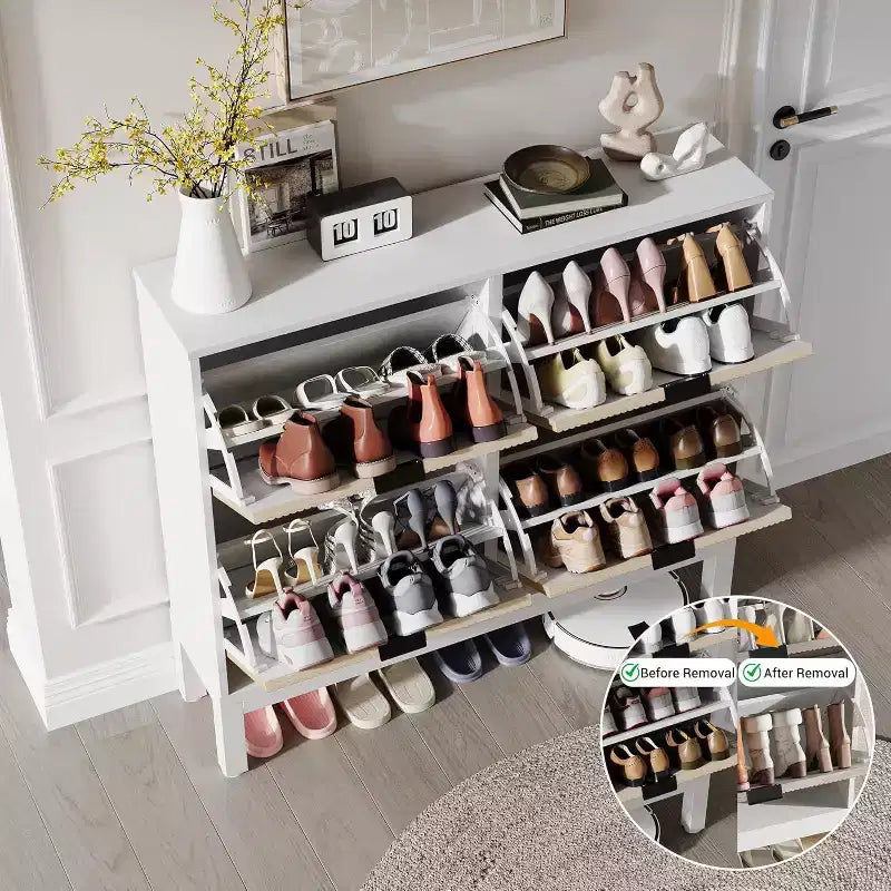Meuble à chaussures avec 4 tiroirs basculants, Organisateur de chaussures mince cannelé, Porte-chaussures étroit dissimulé