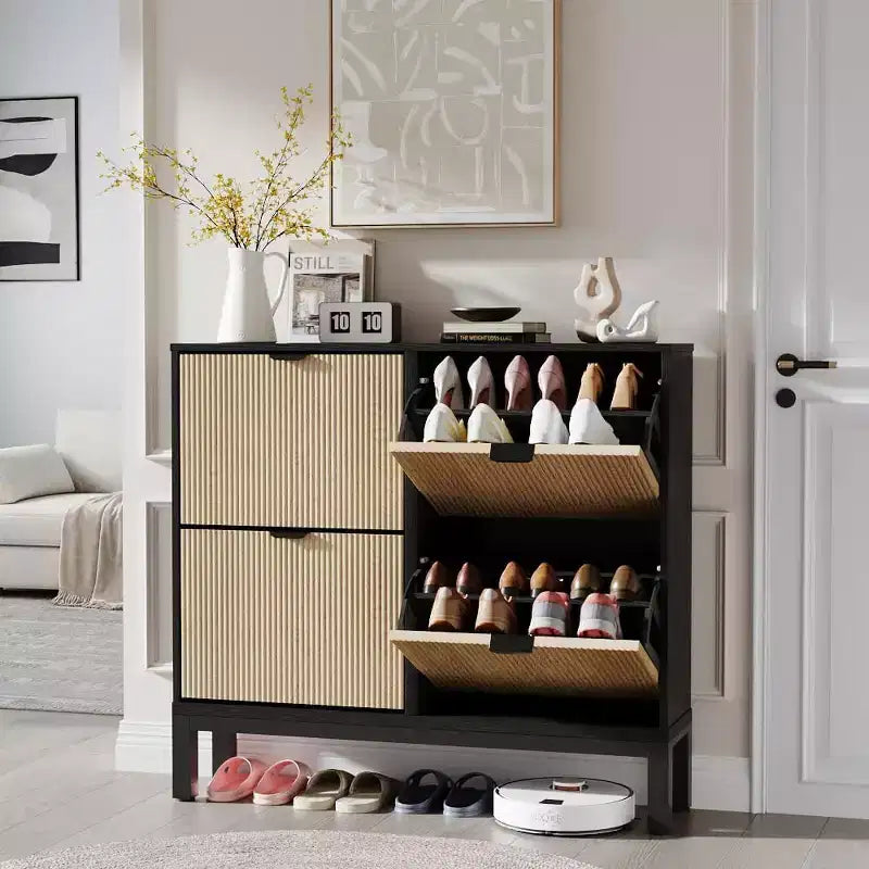 Meuble à chaussures avec 4 tiroirs basculants, Organisateur de chaussures mince cannelé, Porte-chaussures étroit dissimulé