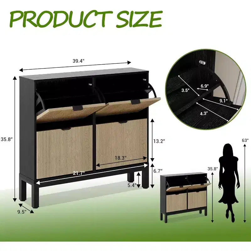 Meuble à chaussures avec 4 tiroirs basculants, Organisateur de chaussures mince cannelé, Porte-chaussures étroit dissimulé