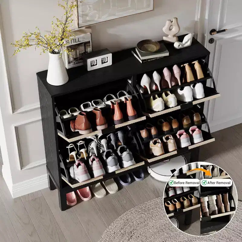 Meuble à chaussures avec 4 tiroirs basculants, Organisateur de chaussures mince cannelé, Porte-chaussures étroit dissimulé