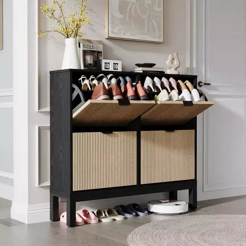 Meuble à chaussures avec 4 tiroirs basculants, Organisateur de chaussures mince cannelé, Porte-chaussures étroit dissimulé