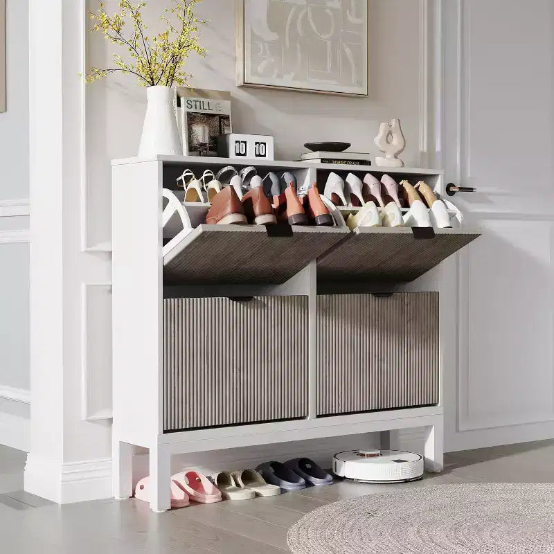 Meuble à chaussures avec 4 tiroirs basculants, Organisateur de chaussures mince cannelé, Porte-chaussures étroit dissimulé