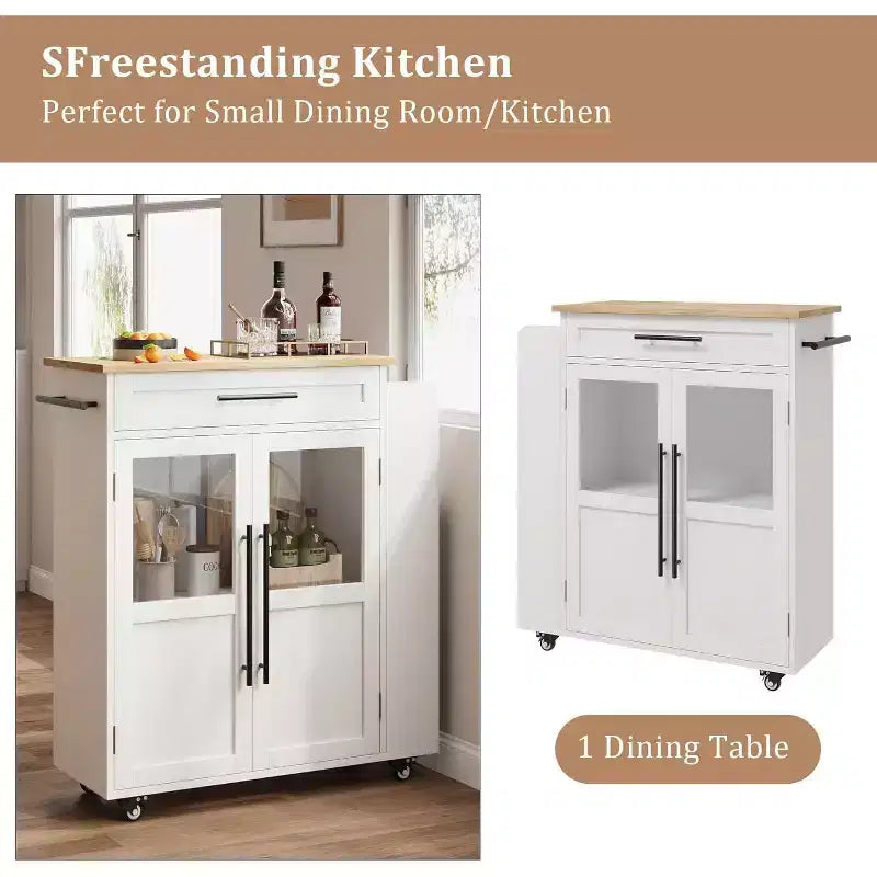 Îlot de cuisine 24, chariot de cuisine rétro avec porte-épices et porte-serviettes, table îlot avec porte d'armoire en verre, panneau composite en bois, pour la cuisine