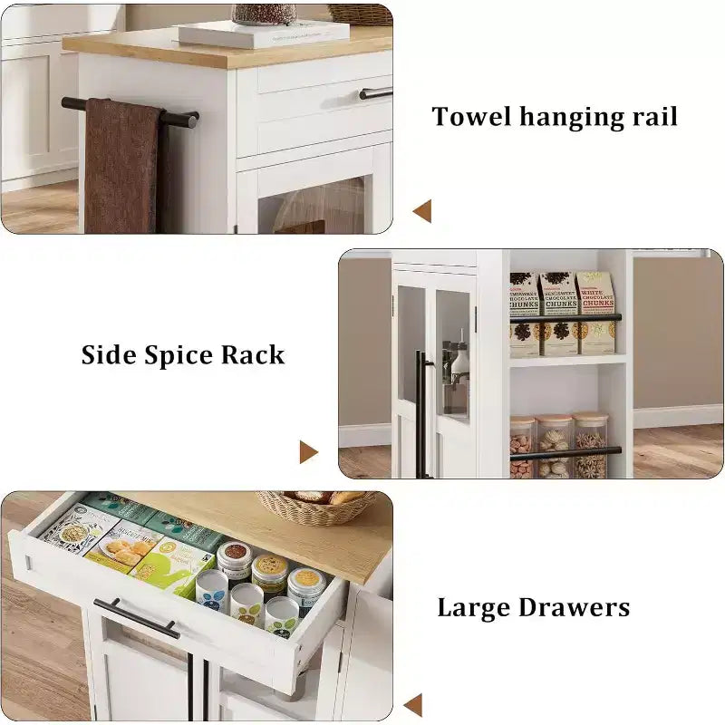 Îlot de cuisine 24, chariot de cuisine rétro avec porte-épices et porte-serviettes, table îlot avec porte d'armoire en verre, panneau composite en bois, pour la cuisine