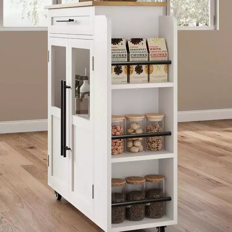 Îlot de cuisine 24, chariot de cuisine rétro avec porte-épices et porte-serviettes, table îlot avec porte d'armoire en verre, panneau composite en bois, pour la cuisine
