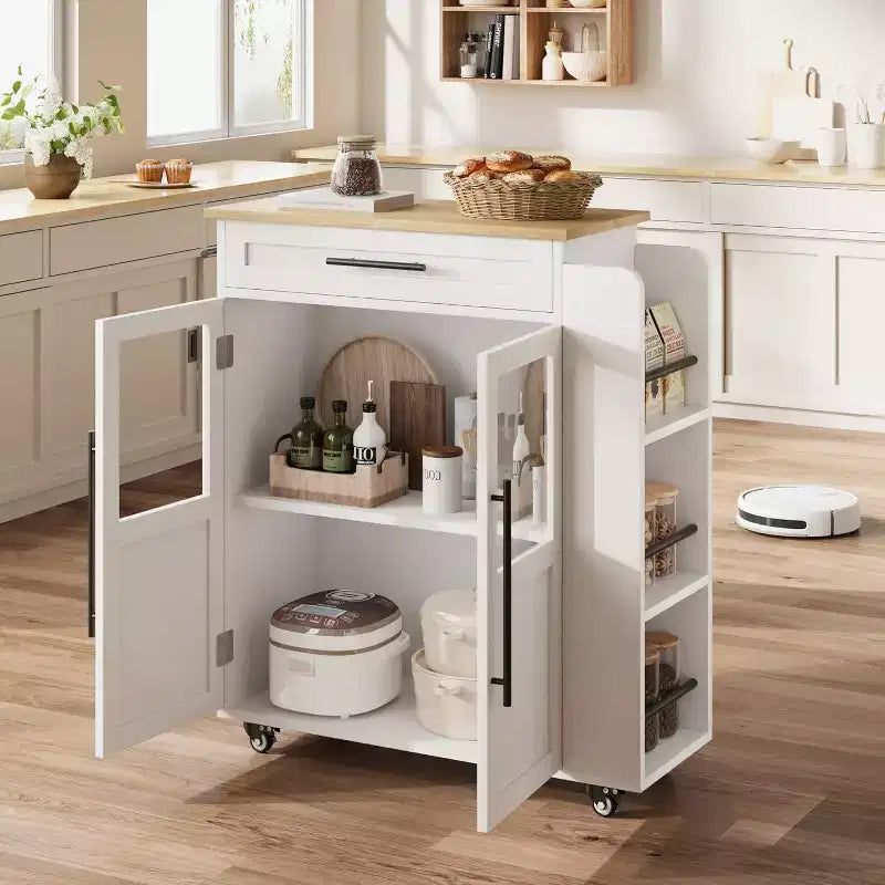Îlot de cuisine 24, chariot de cuisine rétro avec porte-épices et porte-serviettes, table îlot avec porte d'armoire en verre, panneau composite en bois, pour la cuisine