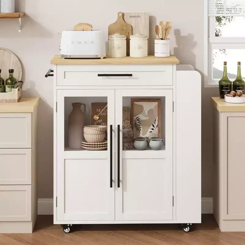 Îlot de cuisine 24, chariot de cuisine rétro avec porte-épices et porte-serviettes, table îlot avec porte d'armoire en verre, panneau composite en bois, pour la cuisine