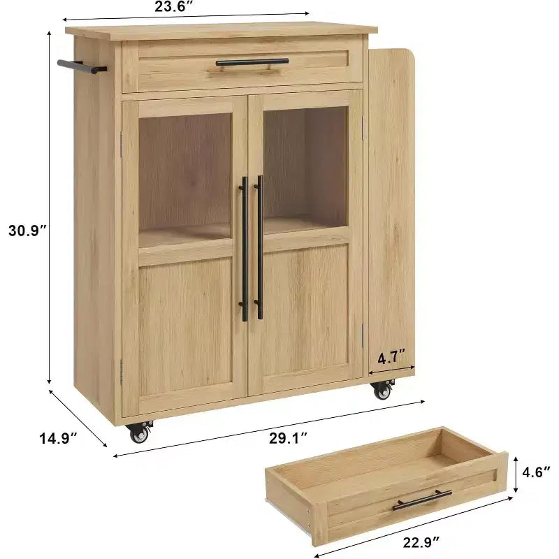 Îlot de cuisine 24, chariot de cuisine rétro avec porte-épices et porte-serviettes, table îlot avec porte d'armoire en verre, panneau composite en bois, pour la cuisine