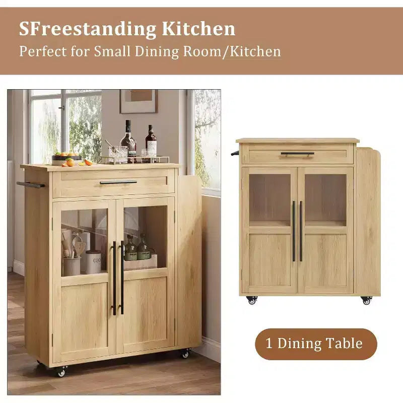 Îlot de cuisine 24, chariot de cuisine rétro avec porte-épices et porte-serviettes, table îlot avec porte d'armoire en verre, panneau composite en bois, pour la cuisine