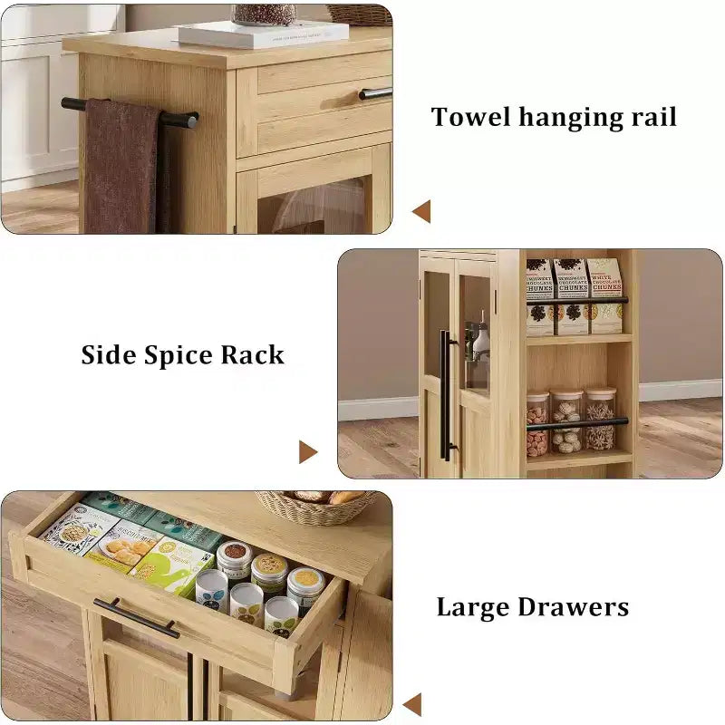 Îlot de cuisine 24, chariot de cuisine rétro avec porte-épices et porte-serviettes, table îlot avec porte d'armoire en verre, panneau composite en bois, pour la cuisine