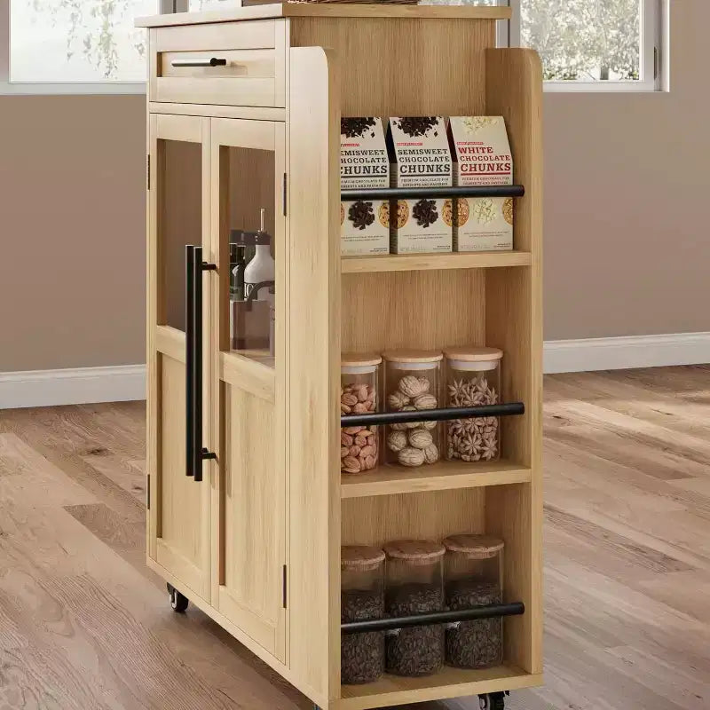 Îlot de cuisine 24, chariot de cuisine rétro avec porte-épices et porte-serviettes, table îlot avec porte d'armoire en verre, panneau composite en bois, pour la cuisine