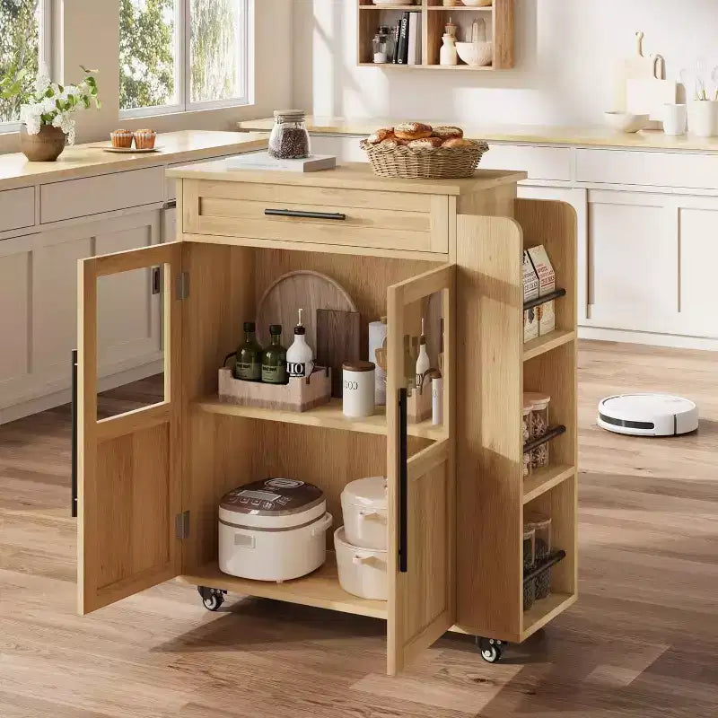 Îlot de cuisine 24, chariot de cuisine rétro avec porte-épices et porte-serviettes, table îlot avec porte d'armoire en verre, panneau composite en bois, pour la cuisine