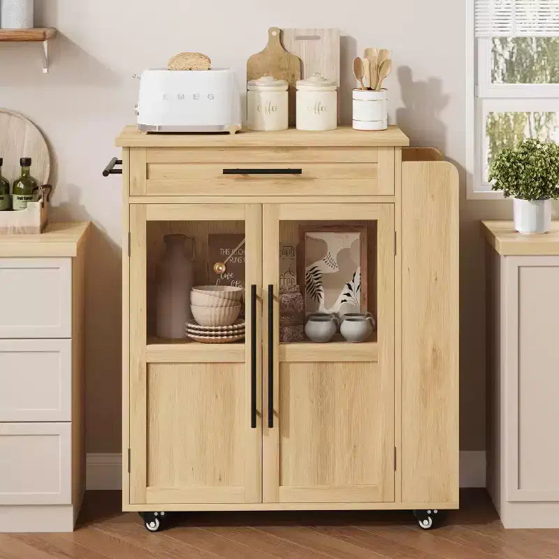 Îlot de cuisine 24, chariot de cuisine rétro avec porte-épices et porte-serviettes, table îlot avec porte d'armoire en verre, panneau composite en bois, pour la cuisine