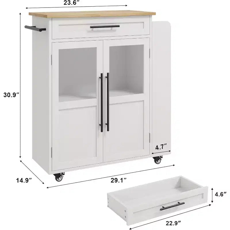 Îlot de cuisine 24, chariot de cuisine rétro avec porte-épices et porte-serviettes, table îlot avec porte d'armoire en verre, panneau composite en bois, pour la cuisine