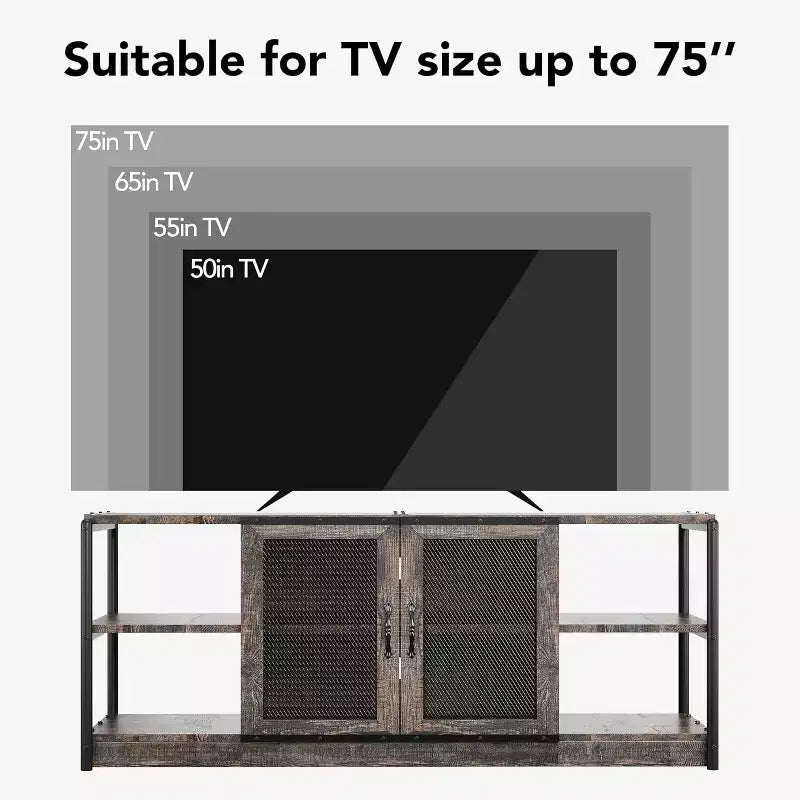 Meuble TV, Meuble multimédia avec rangement et portes grillagées, Console TV