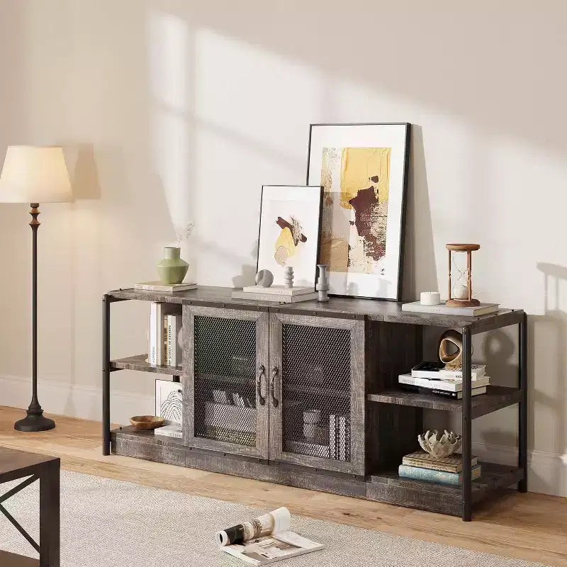 Meuble TV, Meuble multimédia avec rangement et portes grillagées, Console TV
