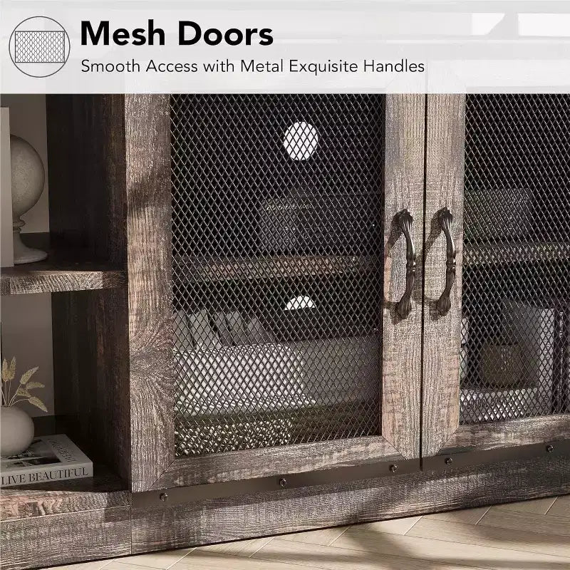 Meuble TV, Meuble multimédia avec rangement et portes grillagées, Console TV