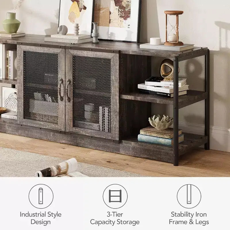 Meuble TV, Meuble multimédia avec rangement et portes grillagées, Console TV