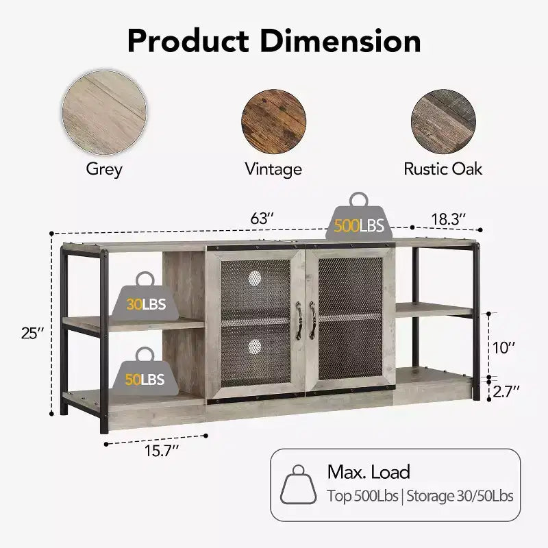 Meuble TV, Meuble multimédia avec rangement et portes grillagées, Console TV
