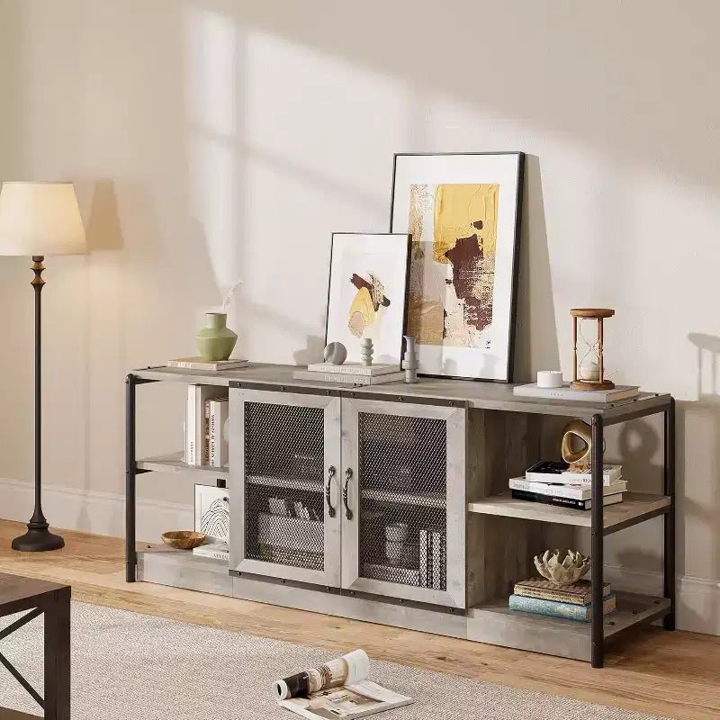 Meuble TV, Meuble multimédia avec rangement et portes grillagées, Console TV