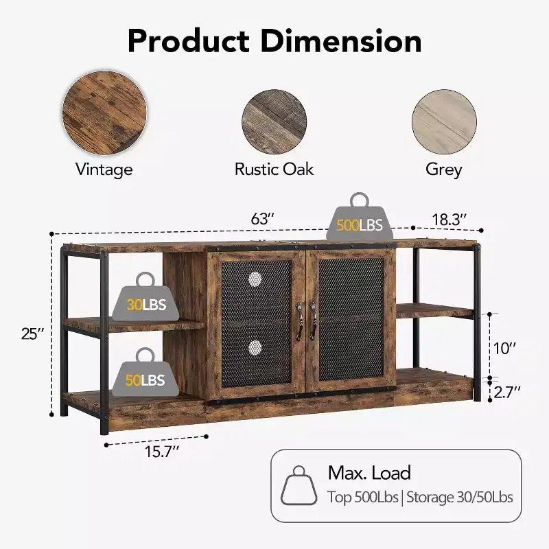Meuble TV, Meuble multimédia avec rangement et portes grillagées, Console TV