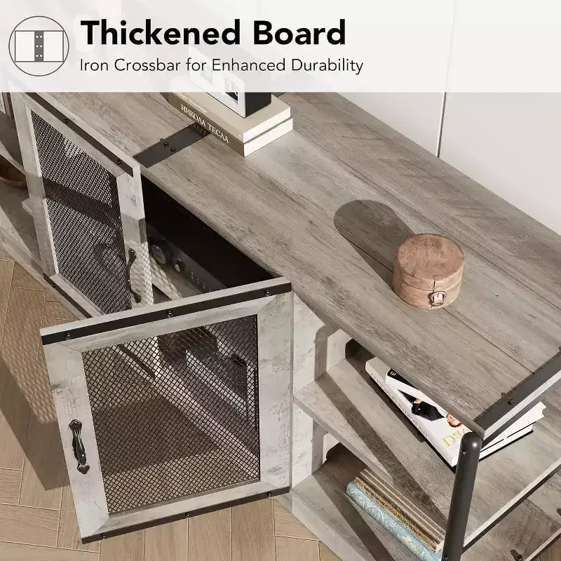 Meuble TV, Meuble multimédia avec rangement et portes grillagées, Console TV