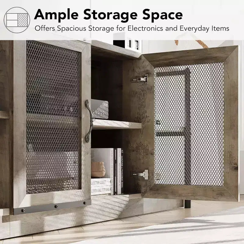 Meuble TV, Meuble multimédia avec rangement et portes grillagées, Console TV
