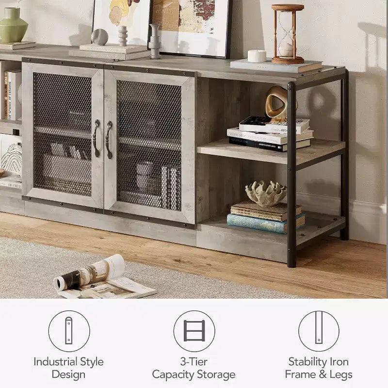 Meuble TV, Meuble multimédia avec rangement et portes grillagées, Console TV