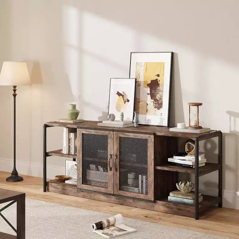 Meuble TV, Meuble multimédia avec rangement et portes grillagées, Console TV