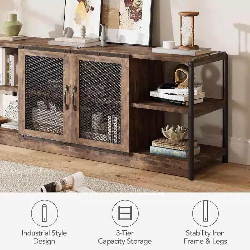 Meuble TV, Meuble multimédia avec rangement et portes grillagées, Console TV