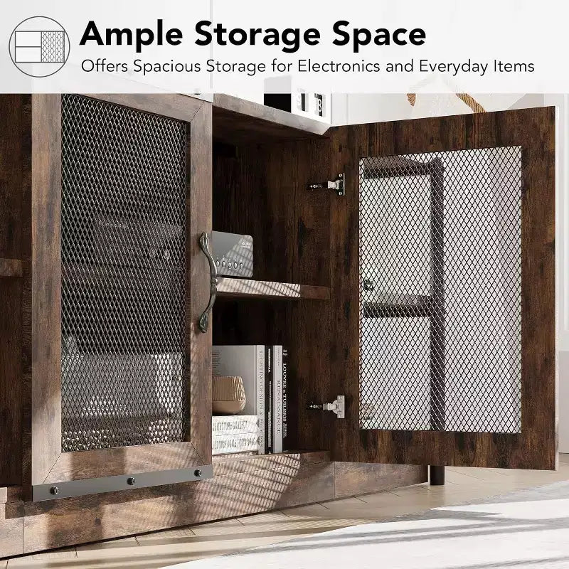 Meuble TV, Meuble multimédia avec rangement et portes grillagées, Console TV