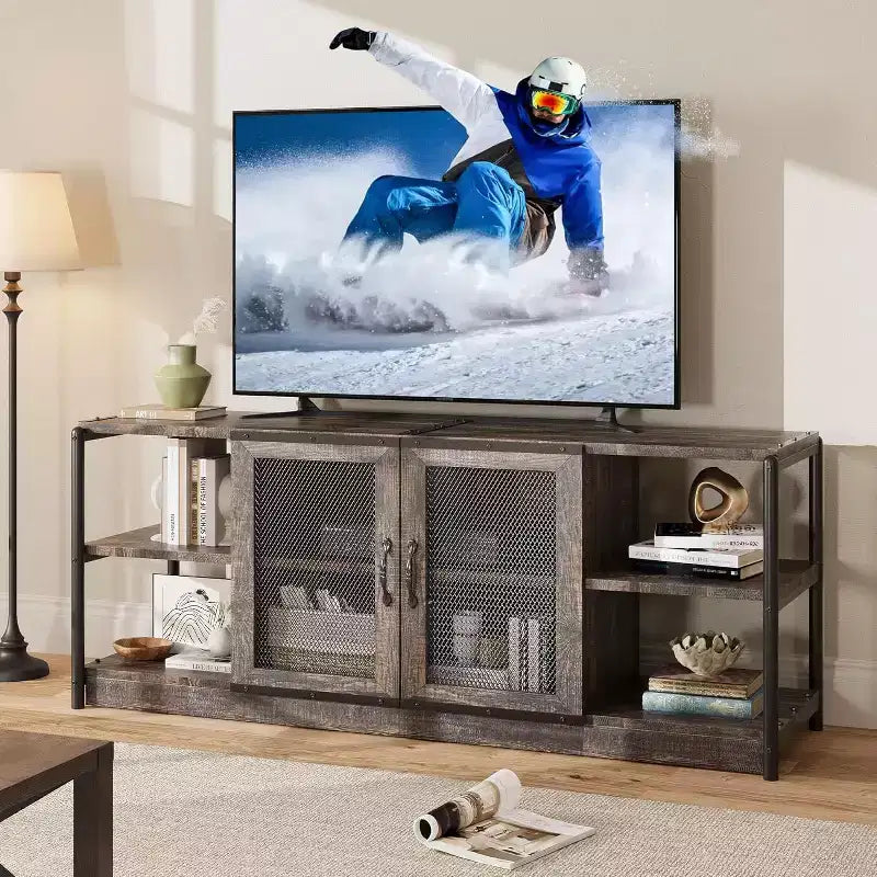 Meuble TV, Meuble multimédia avec rangement et portes grillagées, Console TV