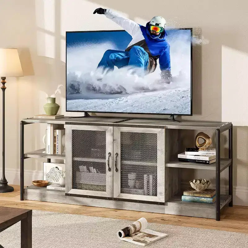 Meuble TV, Meuble multimédia avec rangement et portes grillagées, Console TV